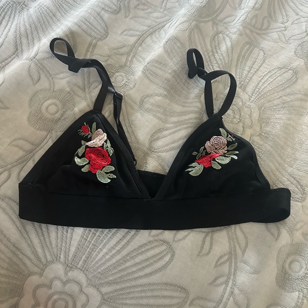 Urban Outfitters Black Embroidered Rose Bralette